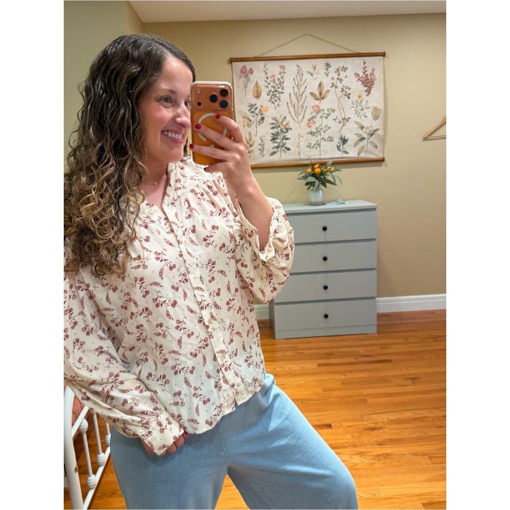 Frame Silk Blend Cream Blouse with Rust Floral Print Oversized Small - Picture 6 of 16